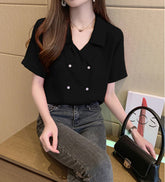 Short Sleeve Chiffon Notched Blouse Shirt